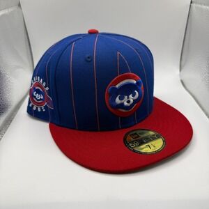 New Era Chicago Cubs 59FIFTY Fitted Hat 7 1/8 Pinstripe Throwback 2T Blue Red